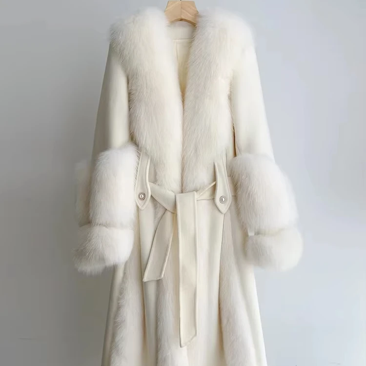 

Hot Selling Women's Long Wool Trench Coat with Fox Fur Collar Breathable Casual Outwear Cashmere & Polyester Lining