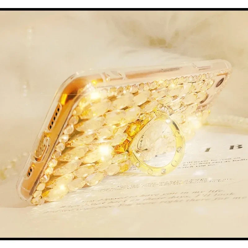 Gold Crystal Strap Phone Case with Diamond and Rhinestone, Bling Case for Xiaomi Redmi 13C 12C 13R Note 11 13 12 Pro Plus