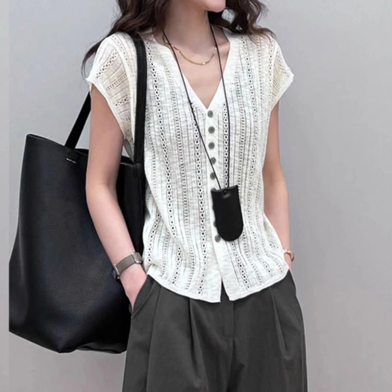 Loose Women Cardigan Button Slouchy V-neck Breathable Summer Thin Commuting Temperament Slim Korean Style Hollow Out Designer