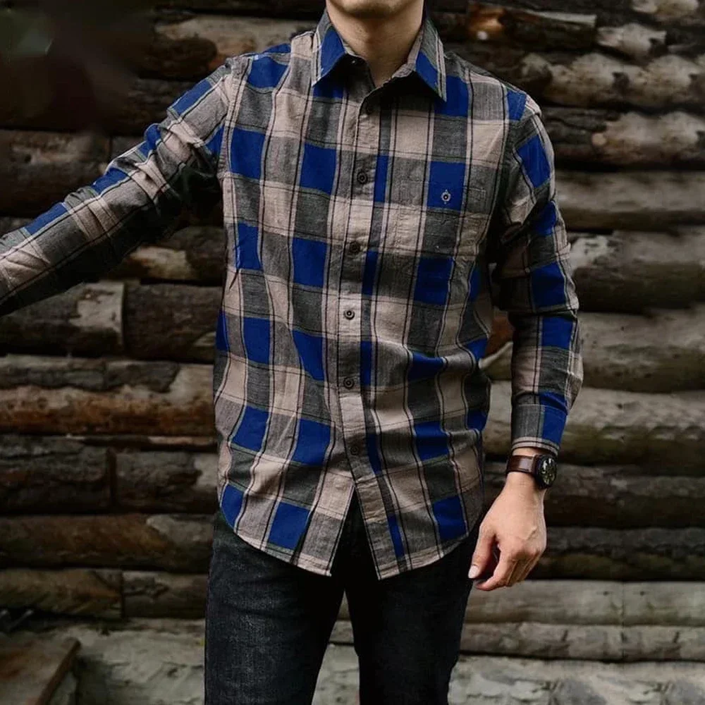 Men's Long Sleeve Plaid Check Shirts Single Pocket Comfortable Casual Carbon Pure Cotton Fashion Standard Fit Button Down Shirts