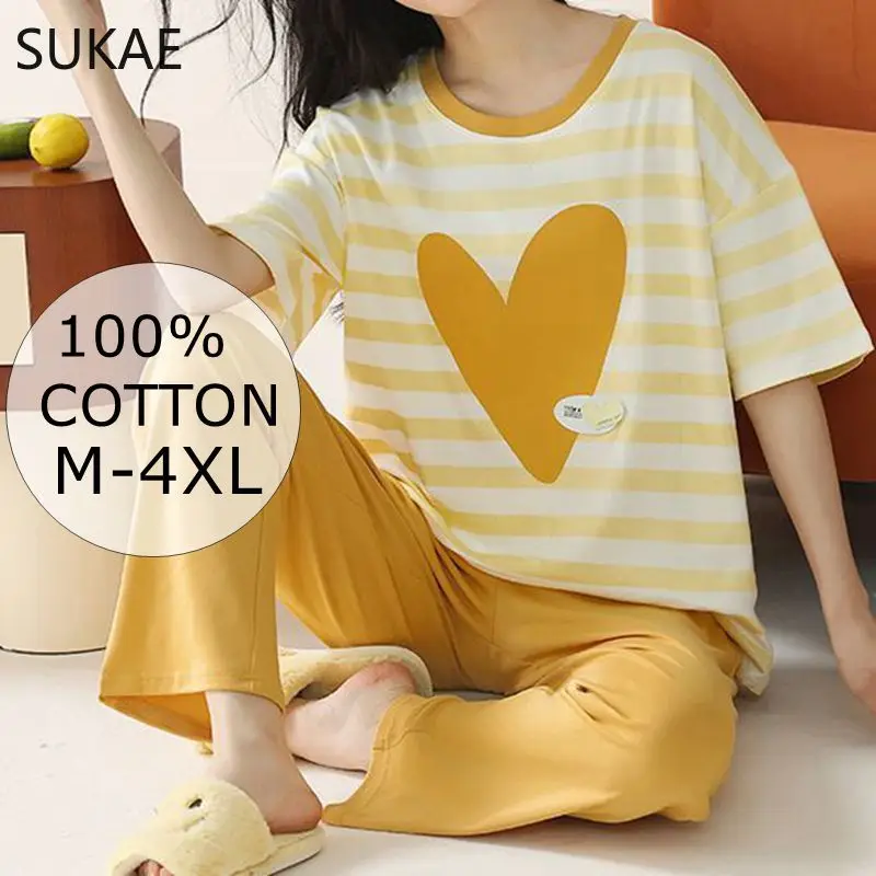 ¡100% algodón! SUKAE HQ-Conjunto de pijama de manga corta para mujer, ropa de dormir informal, ropa de dormir de dibujos animados para niña