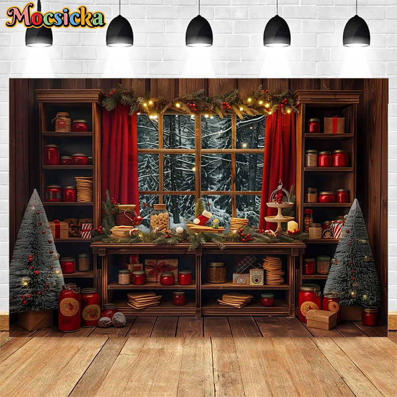 Mocsicka Christmas Kitchen Cupboard Backdrop Kids Family Photography Props Child Adult Photocall Decors Photo Background