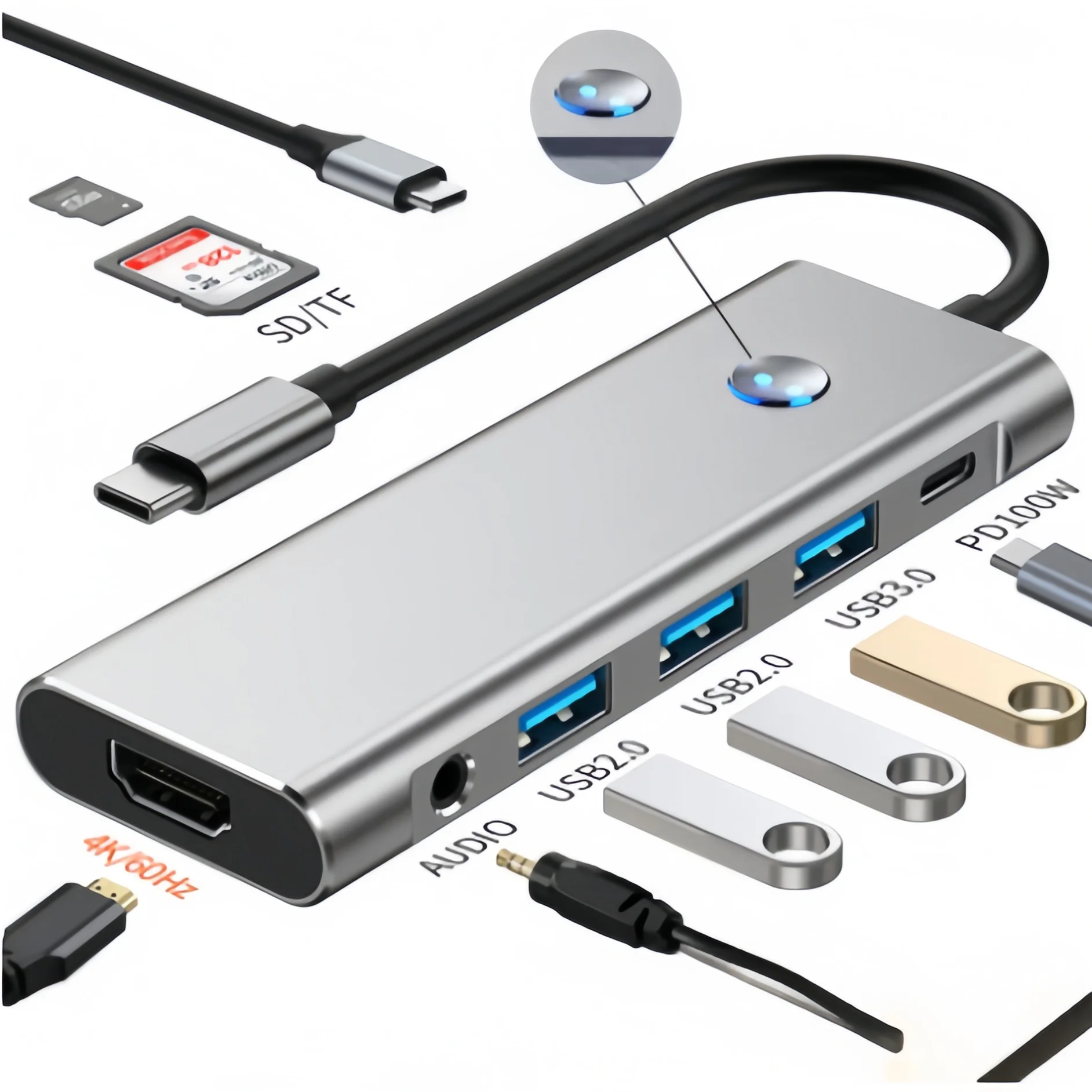 Hub multifunzione 8 in 1 di tipo C Lettore di schede USB-C a HDMI 4K PD100W USB3.0 per laptop
