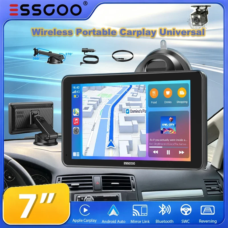 ESSGOO 7" Tragbare, kabellose Carplay-Halterung für Wohnmobile, Lastwagen, Busse, LKW-Autoradios, Tour-Screen, Android Auto, Bluetooth, FM, Lenkradsteuerung, einfache Installation