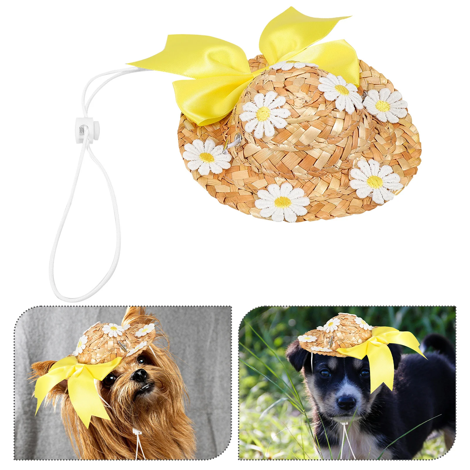 

Pet Straw For Dogs Cats Summer Sun Hat Floral Decor Woven Lightweight Dog Hat Party Beach Wear Small Yellow