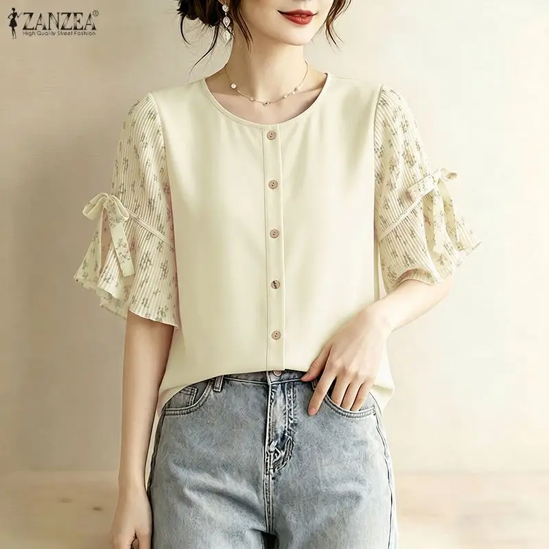2026 ZANZEA Summer Elegant Work Blouse Floral Patchwork Shirt Women Casual O Neck Short Sleeve Tops Pleated Blusas Mujer Femme