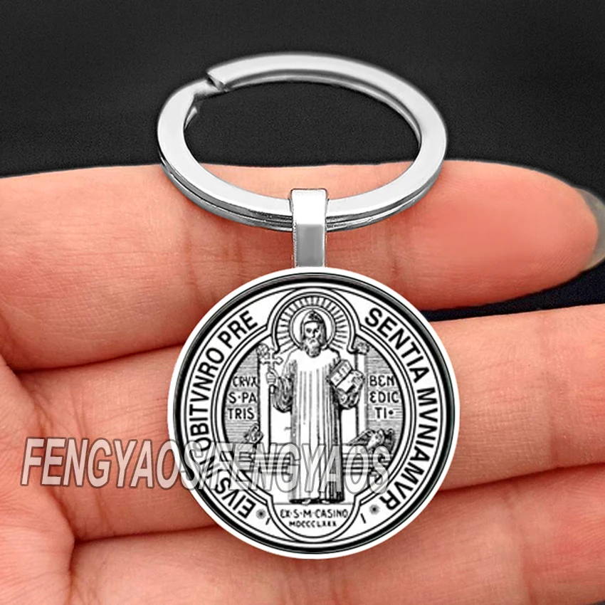 Cross Saint Benedict Keychain for Catholic Glass Cabochon Christian Key Chain Metal Catholicism Keyring Gift