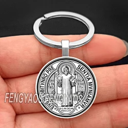 Cross Saint Benedict Keychain for Catholic Glass Cabochon Christian Key Chain Metal Catholicism Keyring Gift