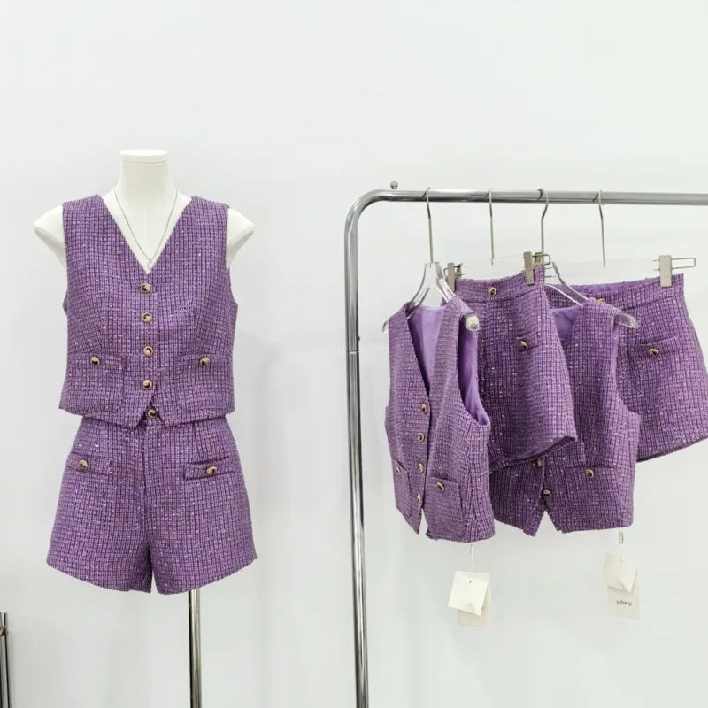 High Quality French Fashion Luxury Tweed 2 Piece Pant Sets For Women Vest Tops + Shorts Sets Korean Sweet Two Piece Pant Suits