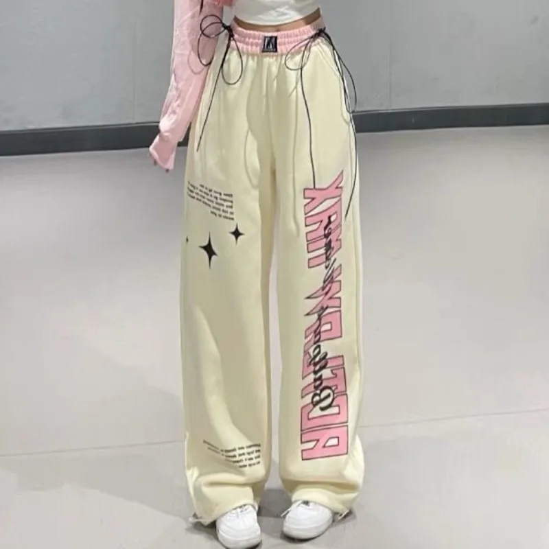 American Retro Letters Printed Pants Women Spring Wide-legged Loose Versatile Casual Sports Straight Full Length Trousers Female