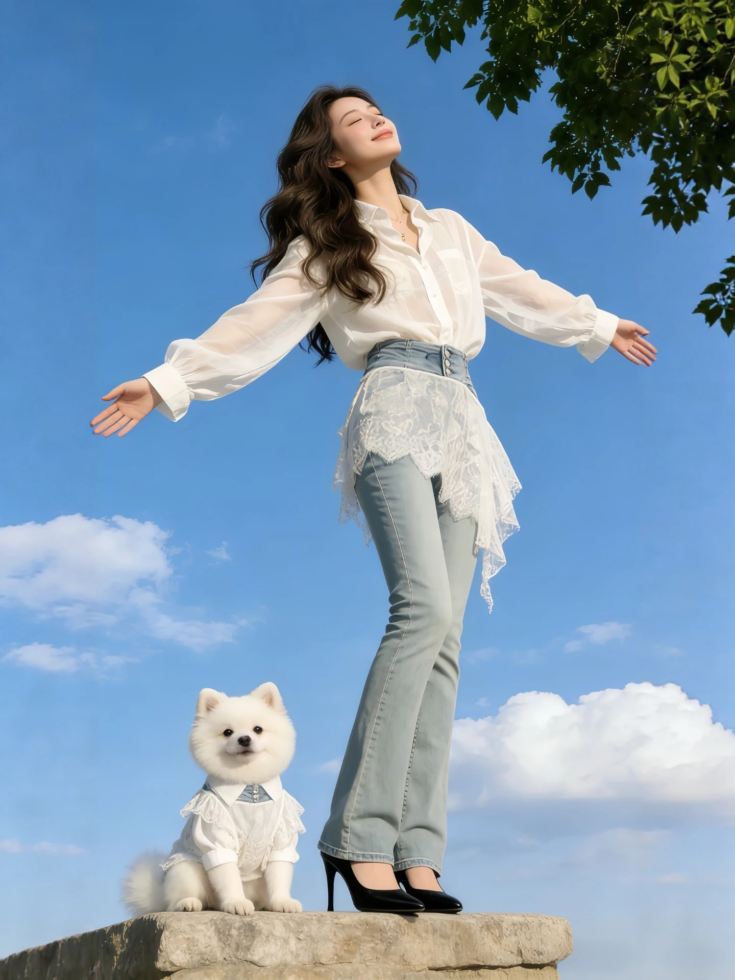 

Spring Faion plus Size Women's White irt Me Splice Denim Pants Korean Sle Set High Waist Long Sve Button up irt