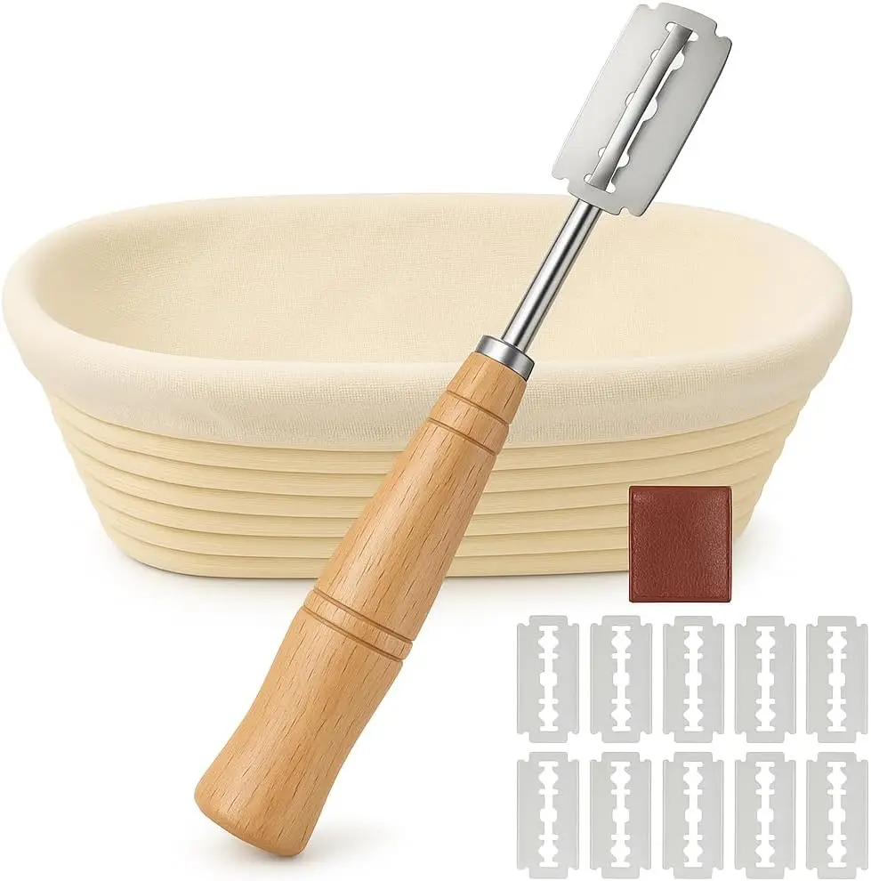Cesta para pan ovalada de 10 pulgadas con forro, cuchillas y cubierta de cuero – Kit de panadería para masa madre para panaderos artesanales