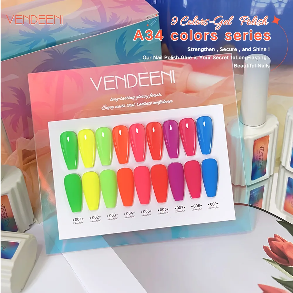 Vendeeni 9 Farben/Set Bunter Gel-Nagellack Semi-Permanenter UV-LED Soak-Off Gel-Lack Regenbogenfarben Gel-Lack für Nagelkunst – Detail 1