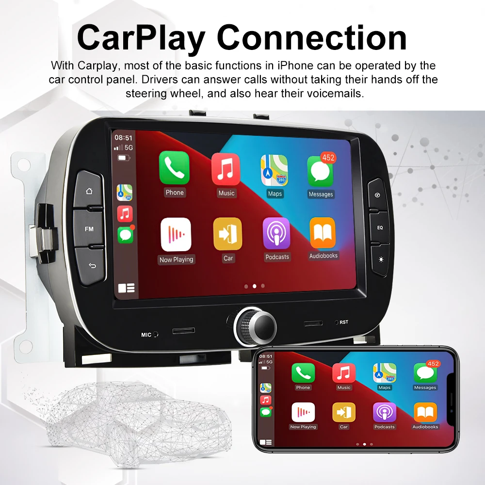 Podofo 7\'\' Andriod Car Radio For Fiat 500 2016-2019 2Din Multimedia Video Player 2+64G Carplay Android Auto WIFI BT Car Stereo