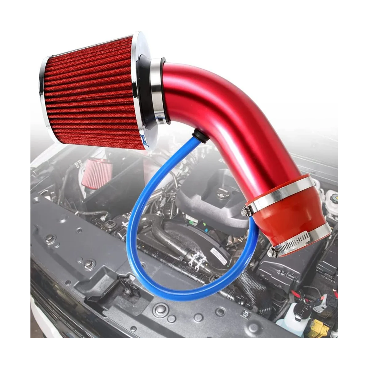 Universal Car Racing Cool Air Intake Kit 3Inch Pipe Aluminium Automotive Filter Induction Low Hose and Clamp Kits,Red