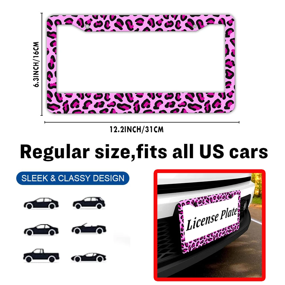 إطار لوحة ترخيص من الألومنيوم بطباعة الفهد الوردي مع مجموعة براغي، هدية تزيين السيارة الجديدة، 6 × 12 بوصة #2