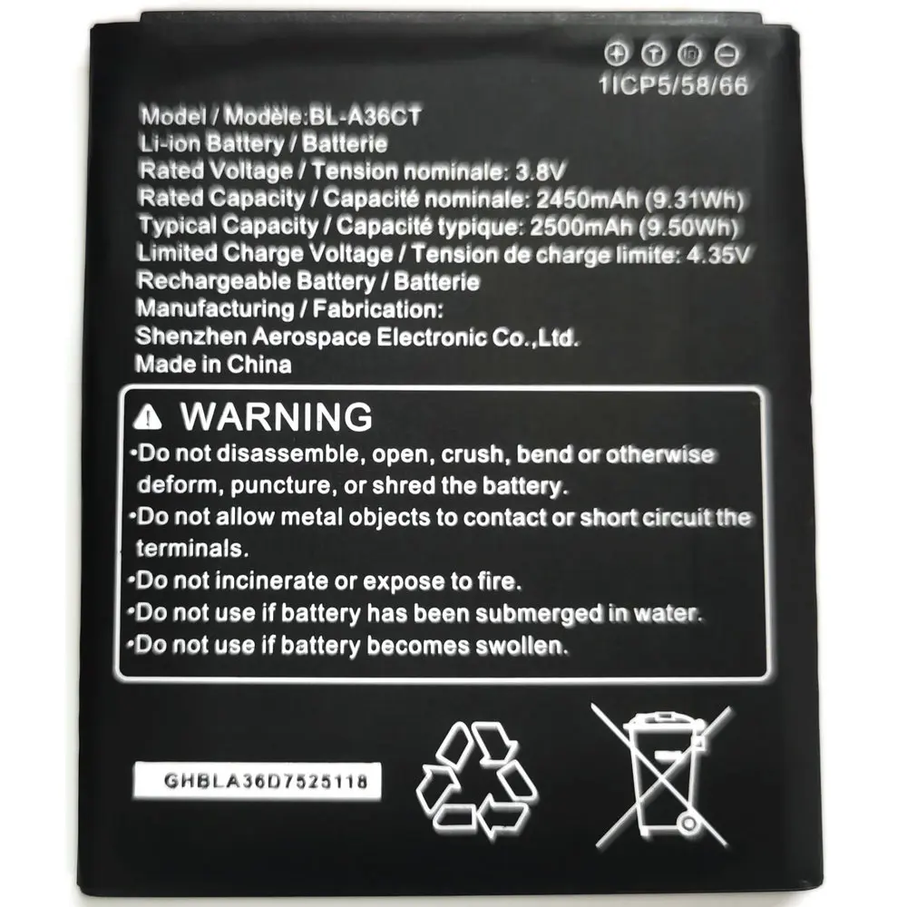 

BL-A36CT Литий-ионная полимерная аккумуляторная батарея 3,8 В 2500 мАч 1ICP5/58/66