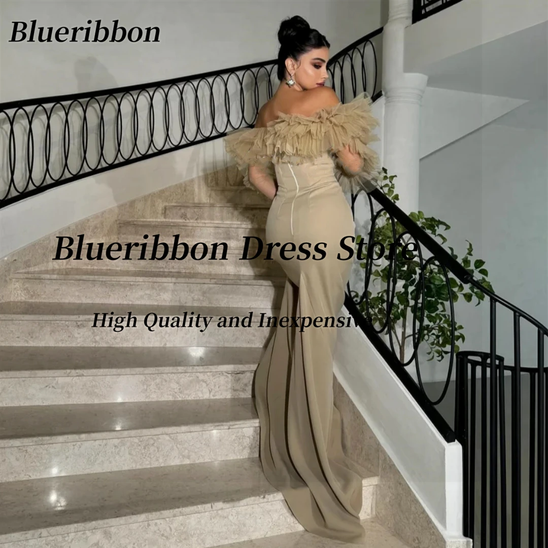 Blueribbon saudita vestidos de baile babados tule mangas compridas vestidos de noite com zíper voltar vestido de festa de aniversário personalizado