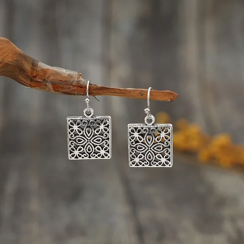 Ethnic Silver Color Square Earrings Vintage Metal Carving Pattern Hollow Dangle Earrings for Women Jewelry
