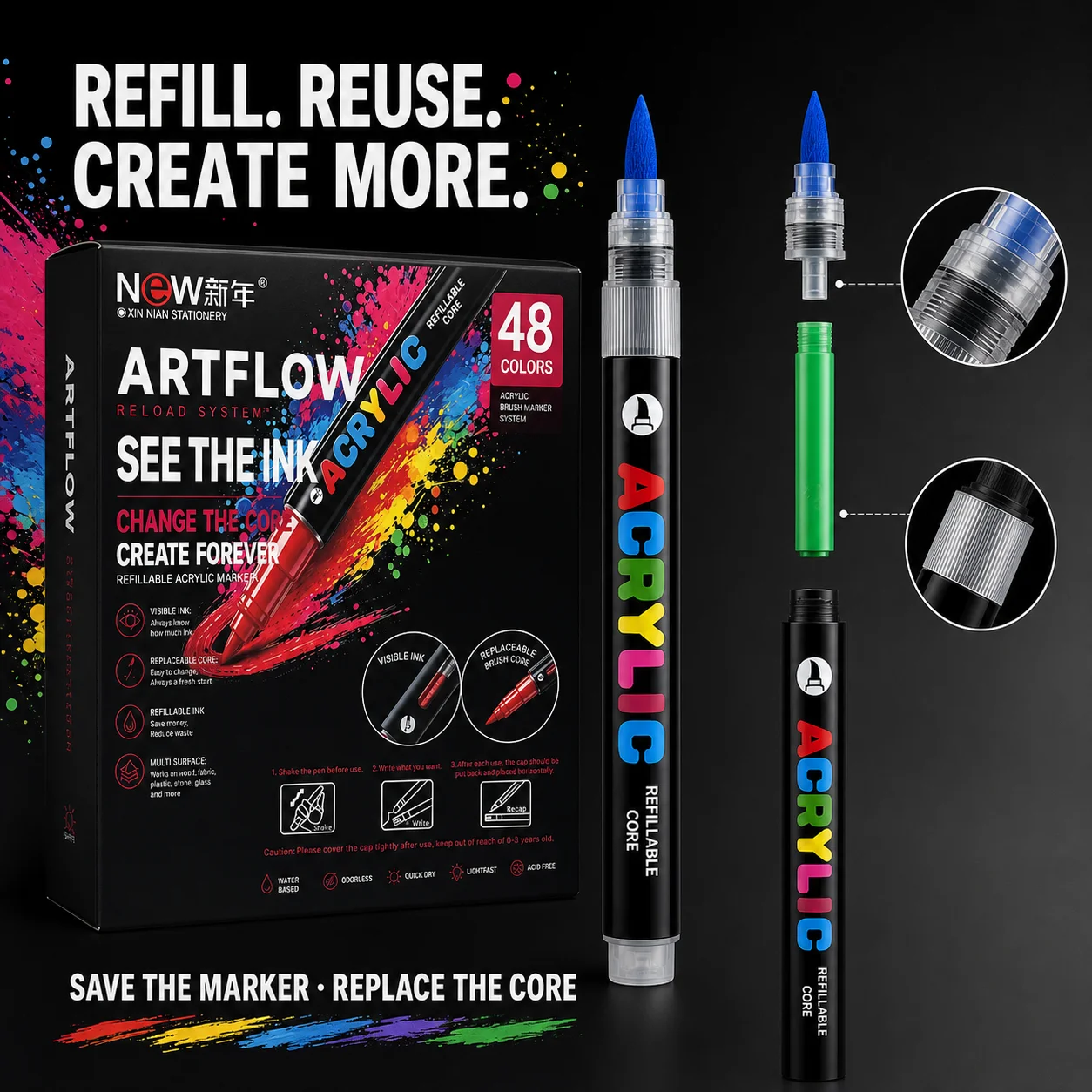 1 Piece of 12-Color/24-Color/36-Color/48-Color Soft-Tip Acrylic Marker Pen with Smooth Flow and Strong Coverage, Suitable for Various Materials Such as Stone, Wood, Canvas, and Ceramics. Ideal for Art Students' Hand-Dr