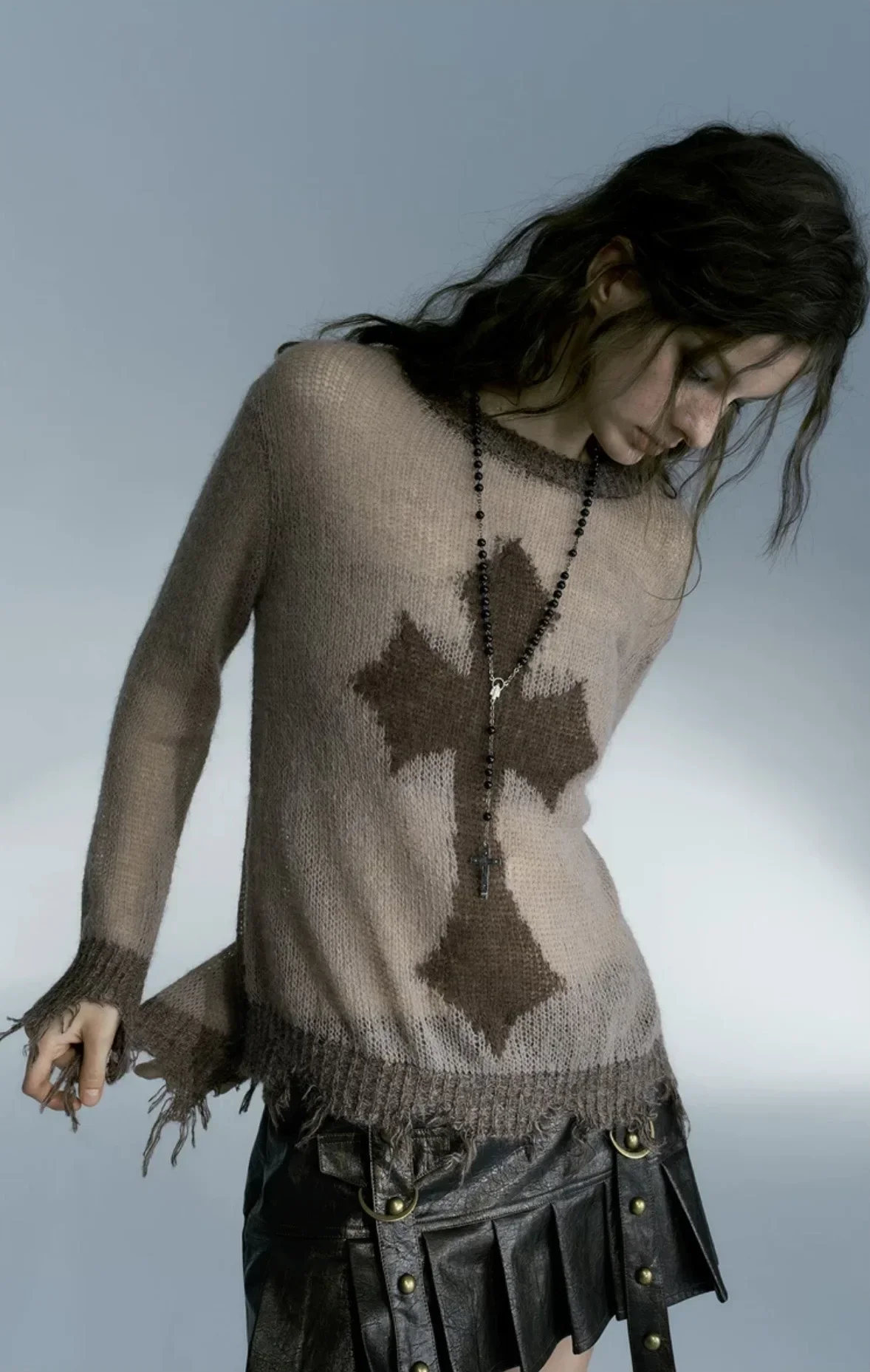 QWEEK Gothic Vintage Streetwear Knitted Pullovers American Retro Design Hollow Cross Printing Sexy Loose Sweater Y2k 2000s