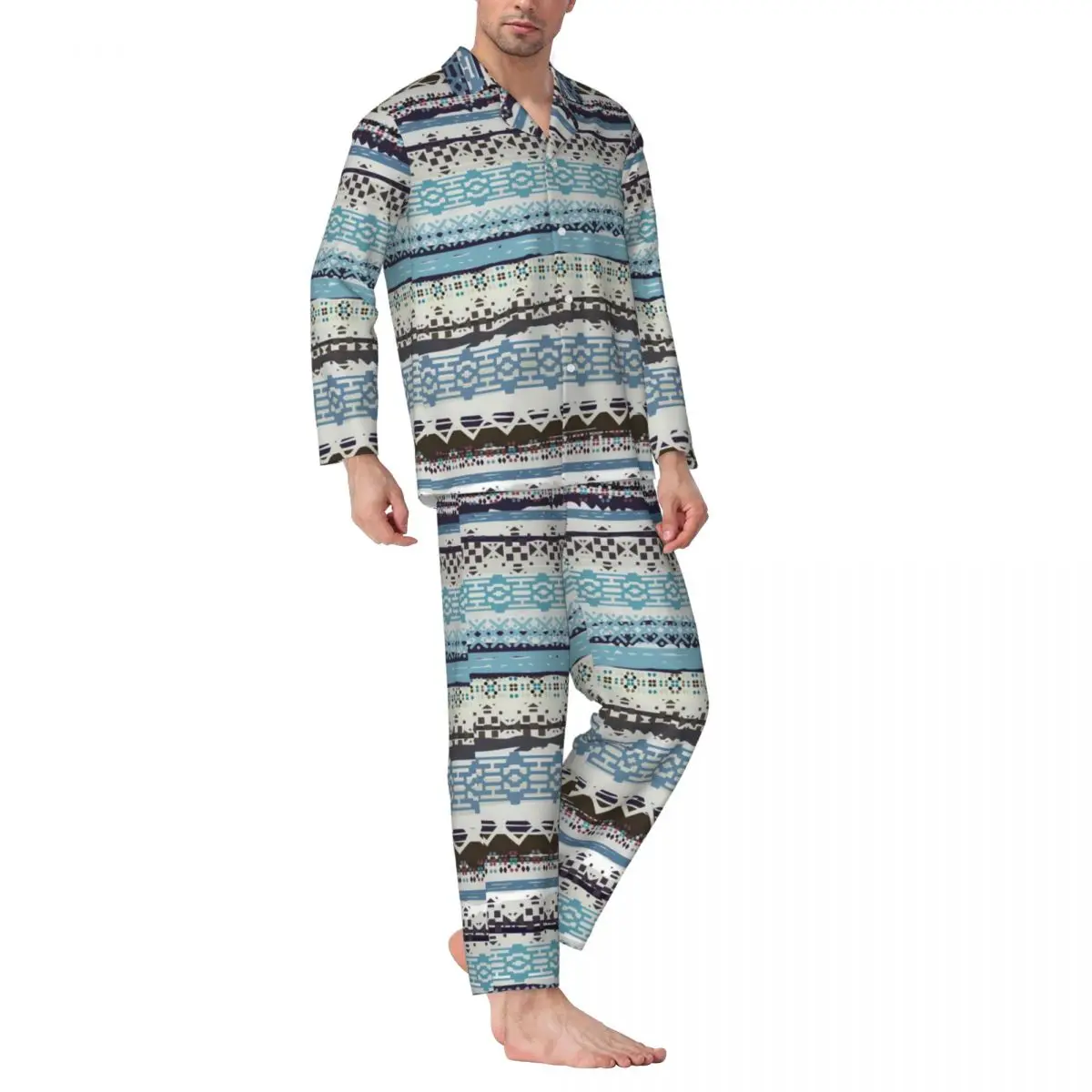 Vintage Tribal Sleepwear Autumn Ethnic Print Aesthetic Oversized Pajama Set Man Long-Sleeve Kawaii Night Pattern Nightwear