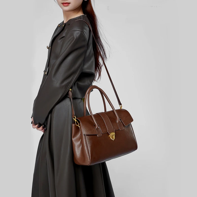 

Women's Natural Cowhide Retro Shoulder Bags Ladies Fashion Cow Real Leather Bag Female Casual Design Luxury Commuting Handbag