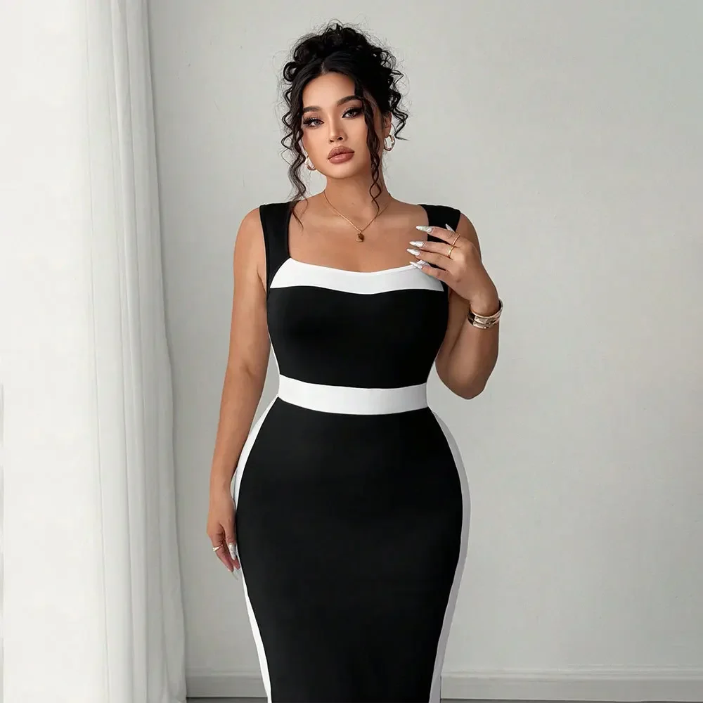 Elegancka sukienka w stylu intelektualnym dla kobiet plus size, nowa letnia francuska sukienka z kontrastowymi elementami, średniej długości, streetwearowa, biała sukienka.