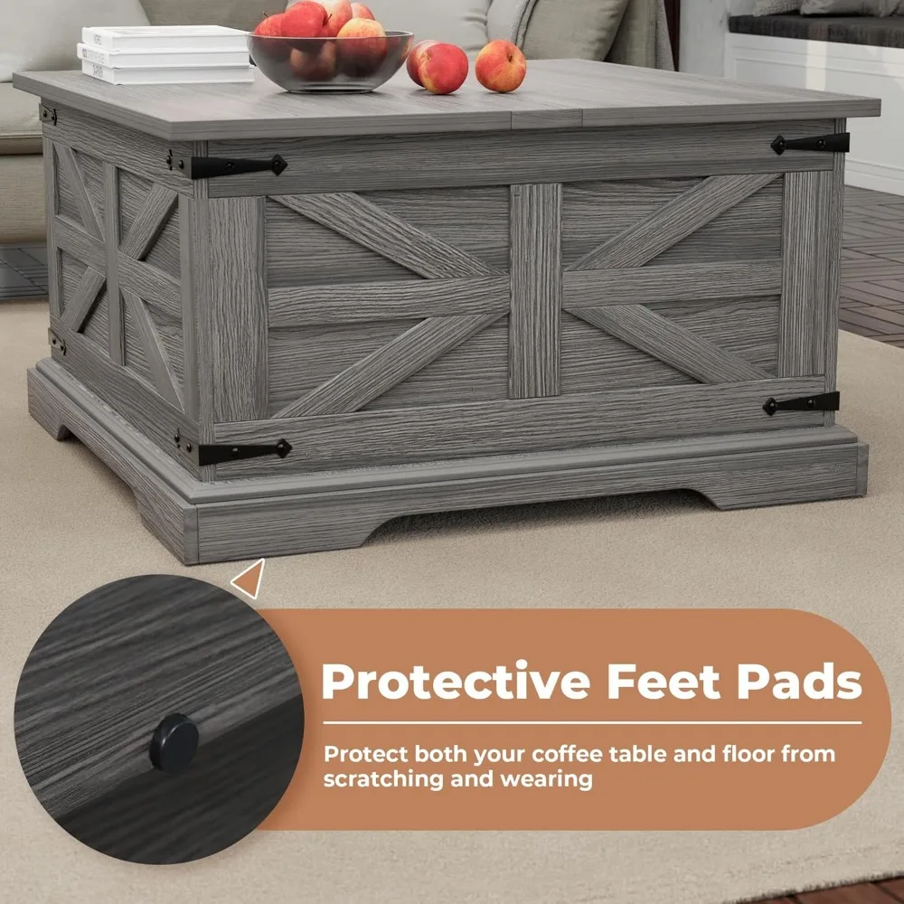 Rustic Farmhouse Coffee Table with Lift Top Storage, Large Square Wood Center Table for Living Room, Soft Close Mechanism