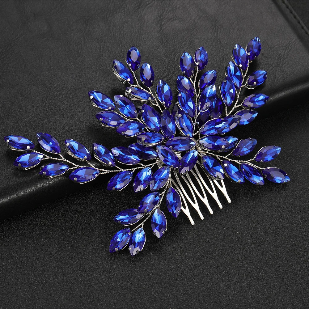 Handmade Rhinestone Blue Hair Combs for Women Tiara Hair Accessories Bridal Wedding Head Ornaments Fashion Headwear Hair Clip