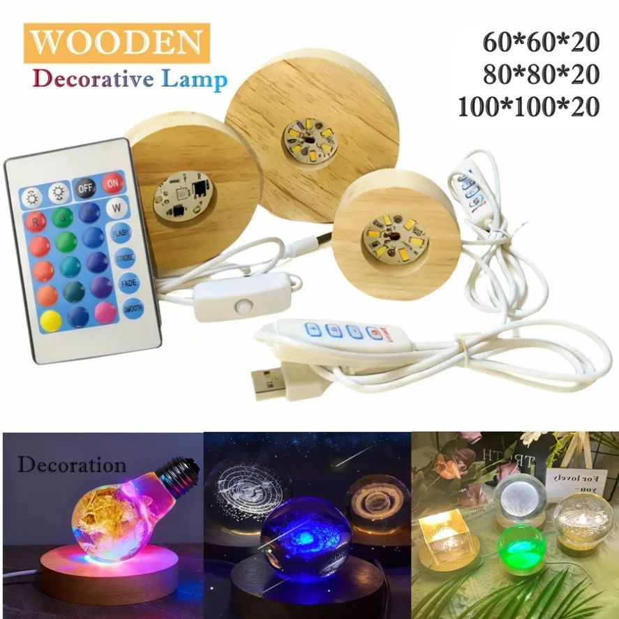 USB Switch Desktop Decorative Lights Dimmable Wooden Colorful Gradient Remote Control Light Base Display Light Support Ornament