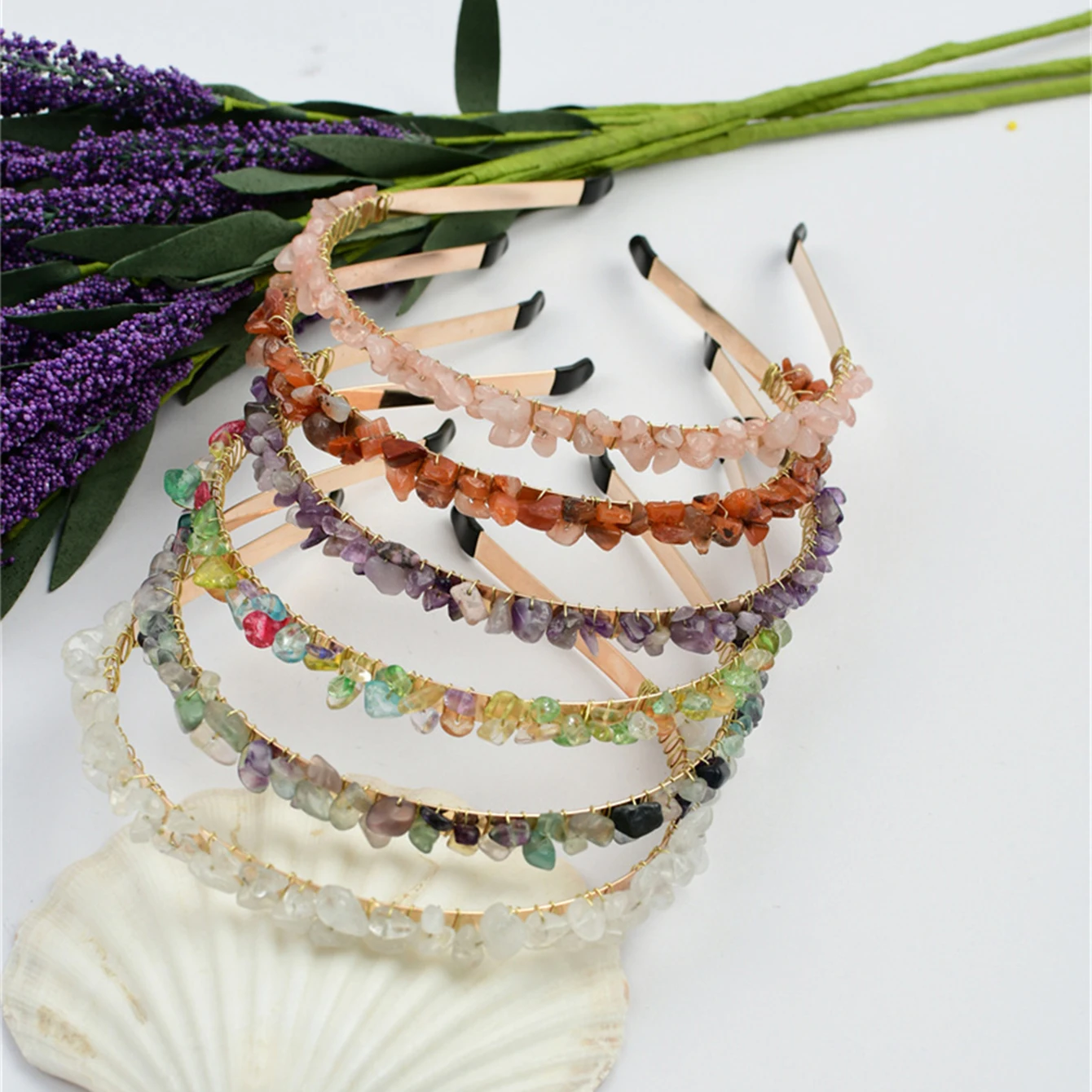 Rose Quartz Headband Amethyst Hair Accessories Raw Crystal Quartz Hair Tiara Colorful Spiritual Crystal Beads Headband for Girls