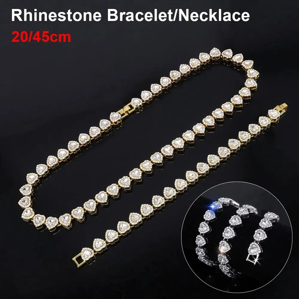 1Pcs New Heart-shaped Rhinestone Necklace Shiny Heart 20/45cm Chain Bracelet Fashion Alloy Rock Party Jewelry