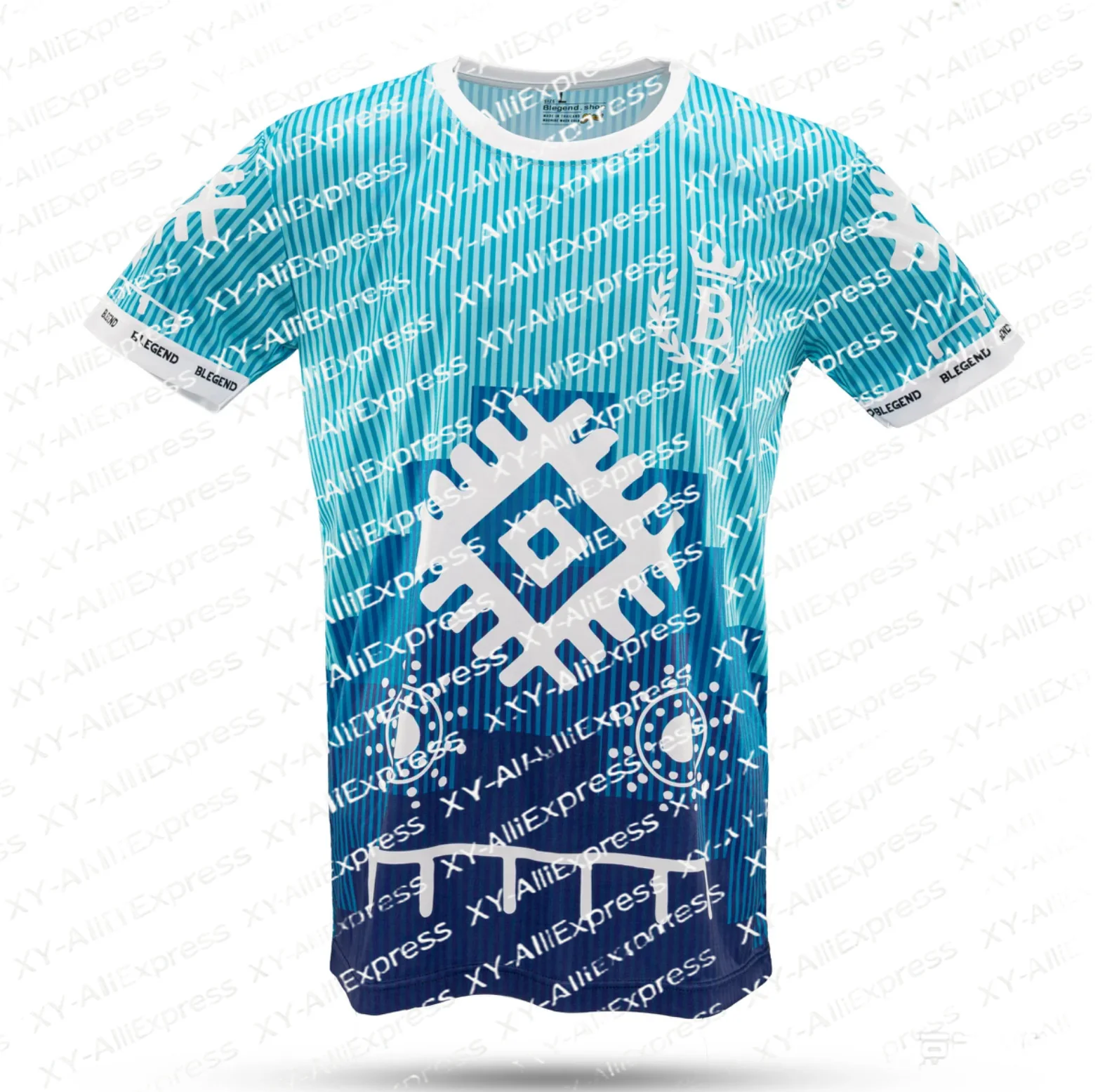 Blue Ethnic Geometric Print Men Sport Tee, Lightweight Breathable Short Sleeve Shirt for Training, Outdoor & Casual Daily Use