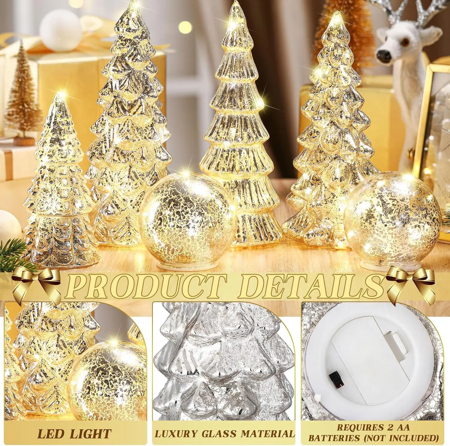 Árbol de Navidad de cristal de mercurio plateado con luz para decoración de mesa, centro de mesa para fiesta en casa, regalo de repisa, 6 uds.