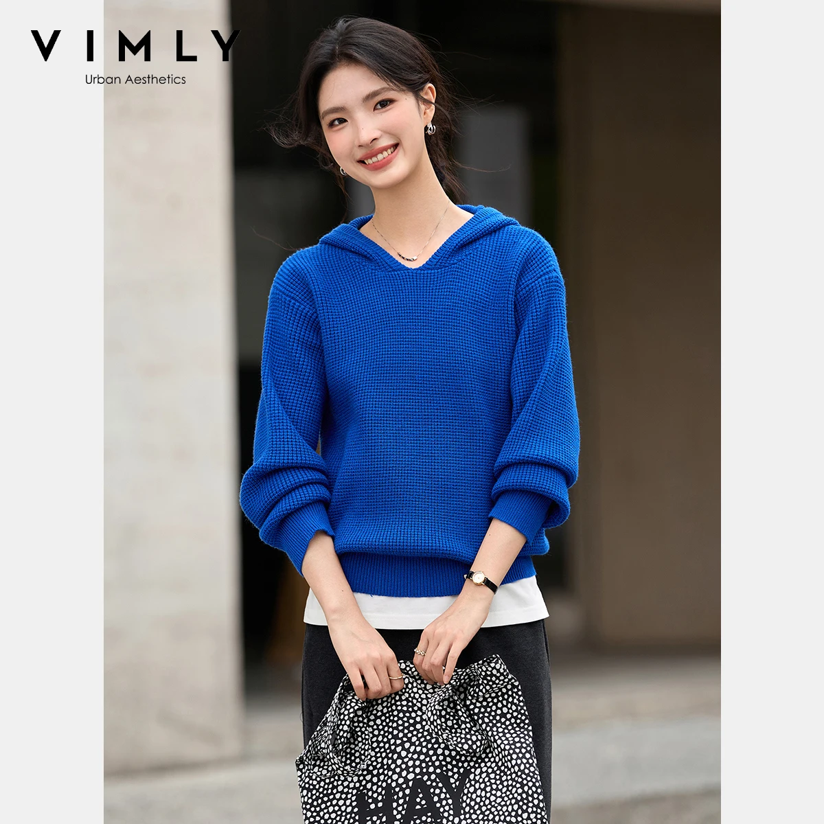 

VIMLY Women's Klein Blue Hooded Sweater Casual Knitted Loose Pulls Femmes Elegant Long Sleeve Lady Tops 2025 Fall Clothes 75118