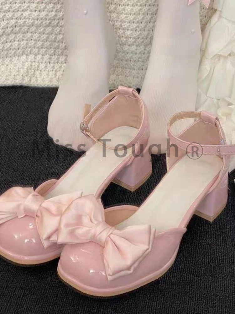 Elegant Vintage Lolita Shoes Women Bow Kawaii Sweet Platform Shoes Female Korean Designer Fairy Buckle Shoes 2024 Summer New