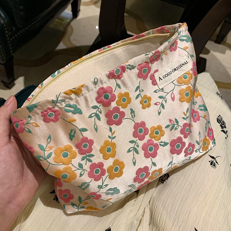 Saco de maquiagem de flor de alívio de pequena escala com saco de armazenamento de impressão artística, saco de higiene portátil de grande capacidade saco de lona das mulheres