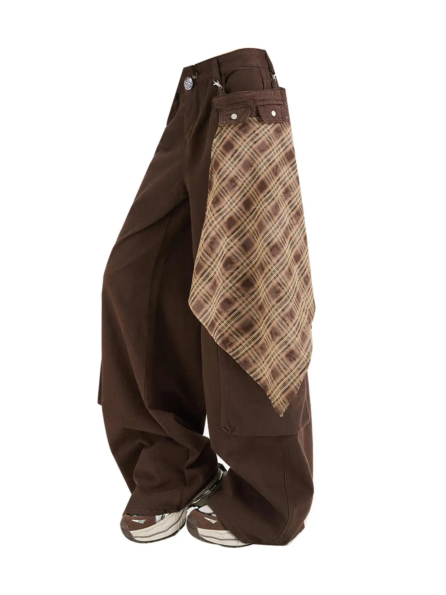 Women Brown Y2k Baggy Cargo Pants 90s Vintage Pants with Wrap Skirt Harajuku Japanese 2000s Style Oversize Trousers Autumn 2025