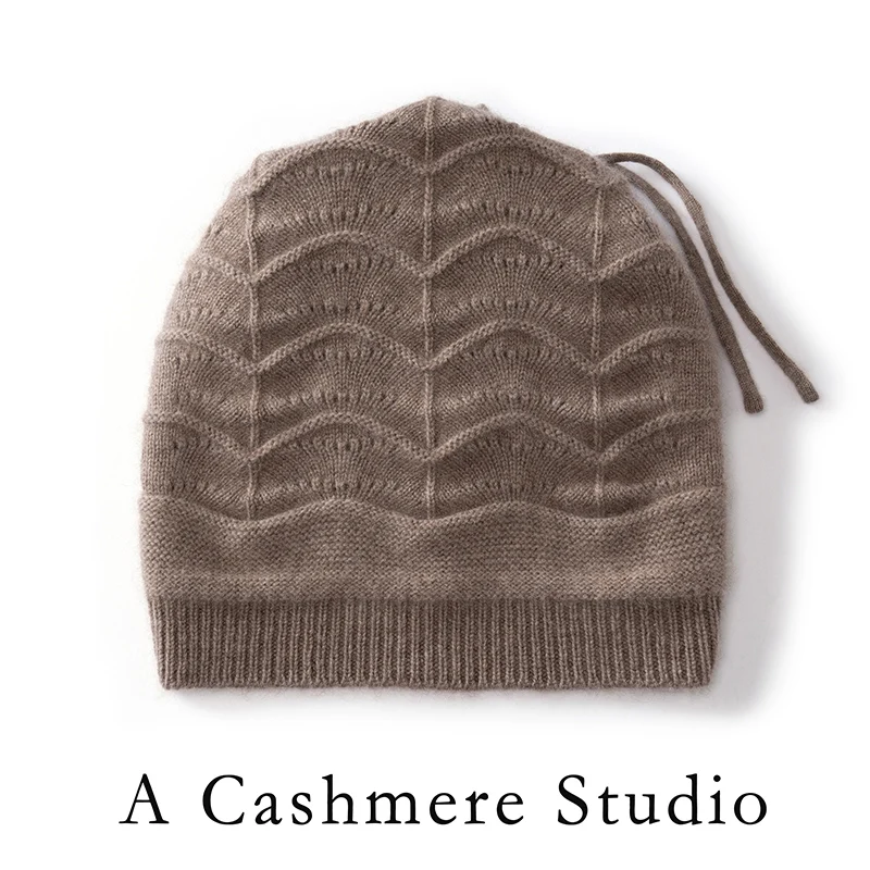 High Quality 100% Cashmere Winter New Style Women's Pure Color Wave Thickened Ear Protection Warm Fashion Casual Knitted Hats