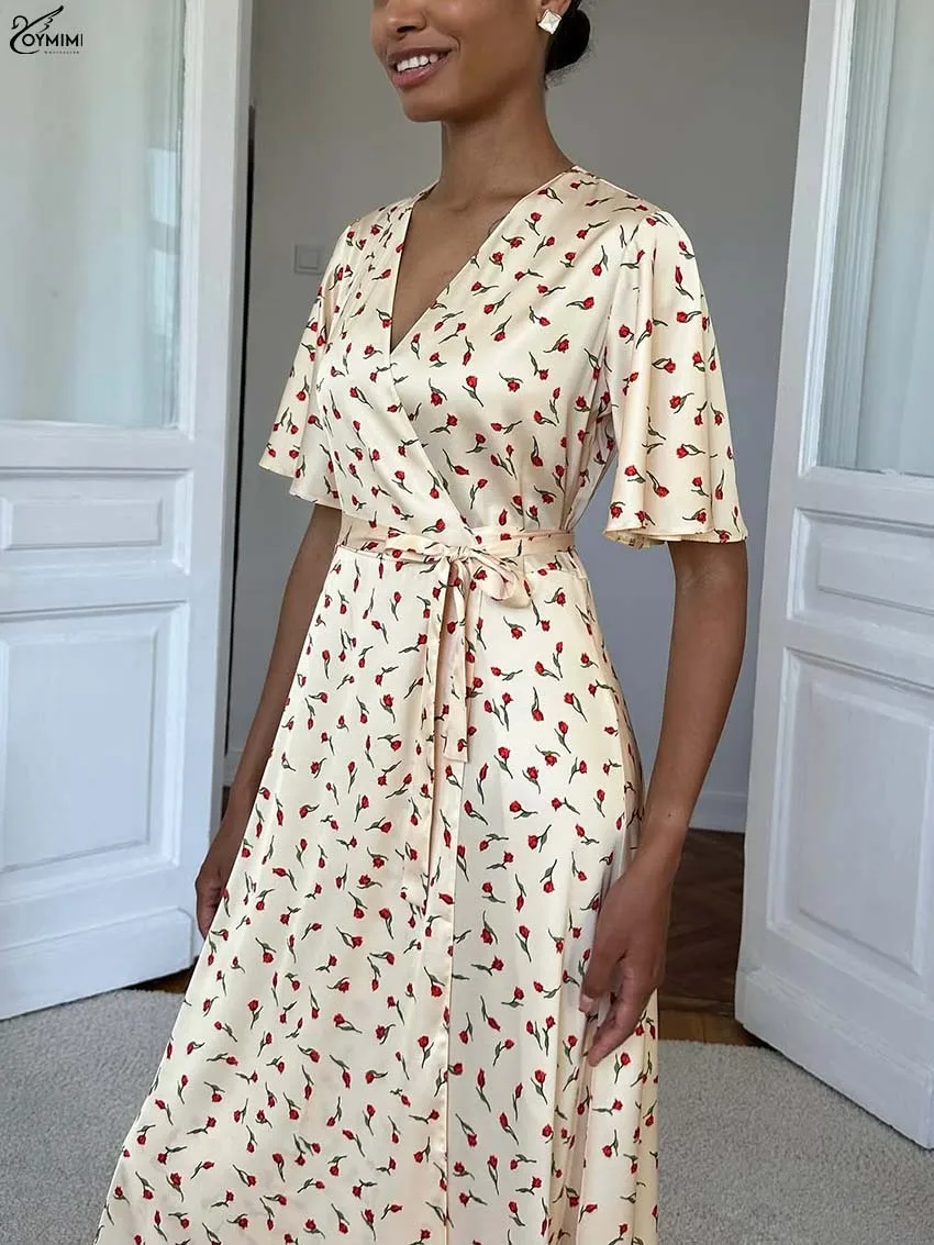 Oymimi 秋イエロープリントレディースドレスファッション V ネック半袖レースアップドレスエレガントなサテンストレートミッドカーフドレス