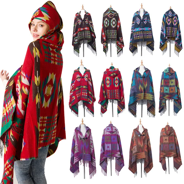 

Ethnic Multifunction Bohemian Shawl Scarf Tribal Fringe Hoodies Striped Cardigans blankets Cape shawl tassels Poncho Coat