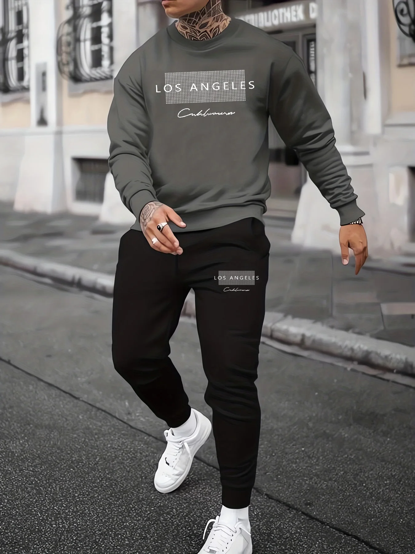 High Quality Men's Basic Casual Sports Warm Los Angeles Printed Pattern Loose and Comfortable Collar Sweatshirt+Sweatpants Set
