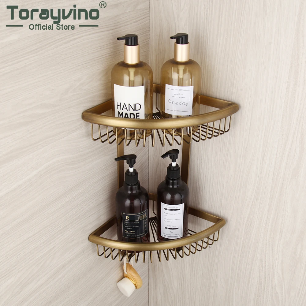 

2-уровневый угловой держатель Torayvino из латуни в античном стиле, полки для хранения, держатель для туалетной утвари, ванной комнаты, душа, шампуня