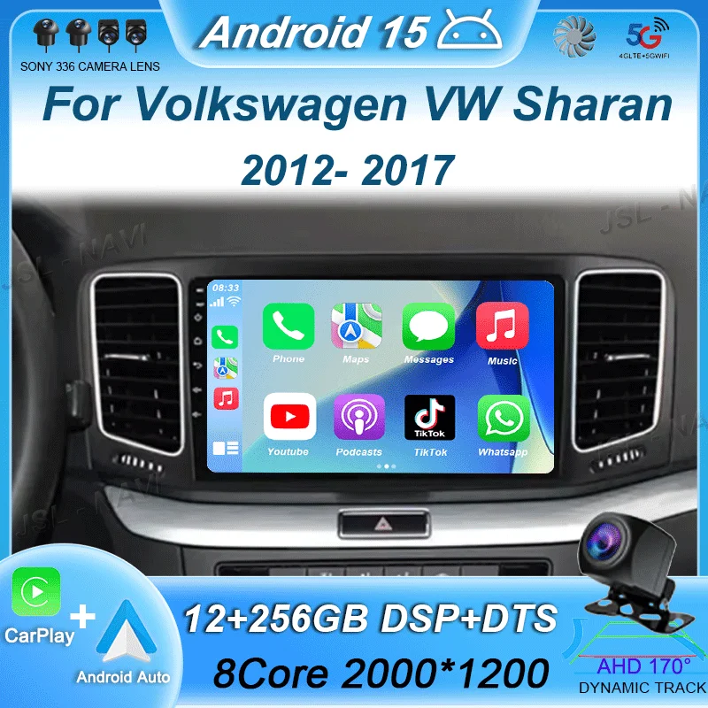 

For Volkswagen VW Sharan 2012 - 2017 2018 Android 15 Auto Car Radio Multimedia Video Player GPS Stereo 4G+WIF Carplay 360 Camera