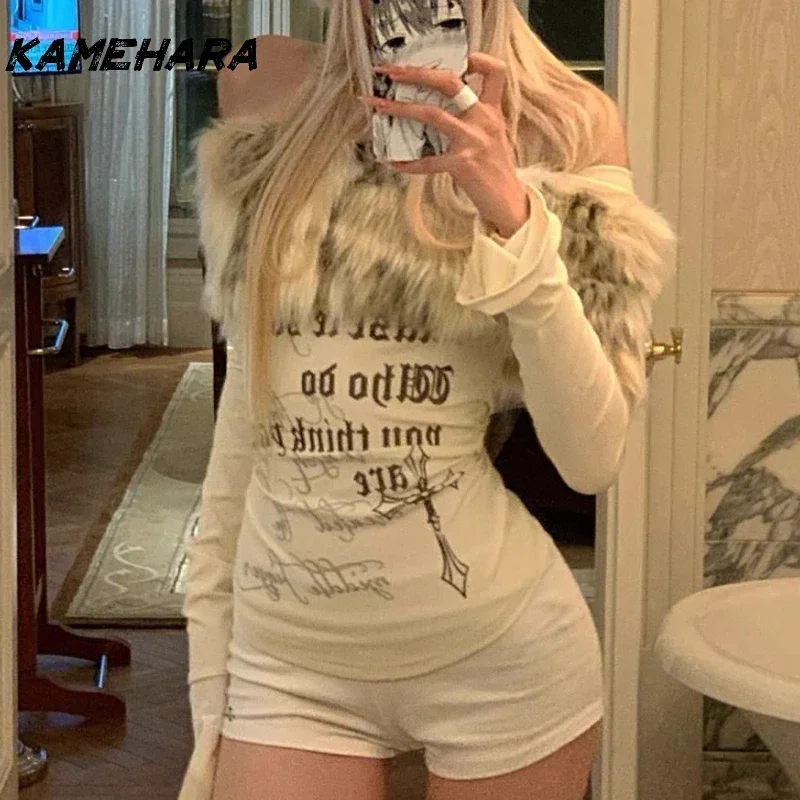 KAMEHARA American Hairy Collar One Shoulder Long Sleeved T-shirt Hot Girl Pure Desire Off Shoulder Design Letter Tight Short Top