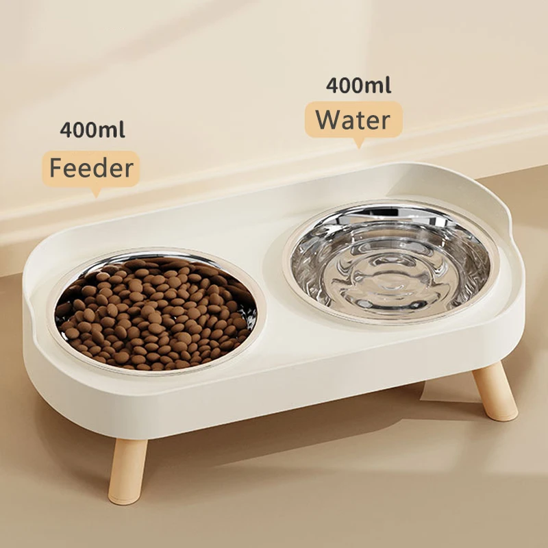 Double Pet Food Water Bowls Non-Slip Cat Bowl Stainless Steel Raised Cat Food Bowls with Stand Anti-splash Dog Bowl Pet Supplies
