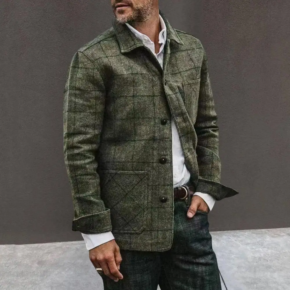 

Lapel Long Sleeve Coat Plaid Print Lapel Jacket Coat with Patch Pocket for Men Single Breasted Outwear with Loose Fit Long