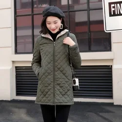 2024Autumn/Winter New Hooded Warm Lamb Fleece Long Sleeve Cotton Jacket Cotton Jacket Size Up Coat Women's Medium Long Checkered