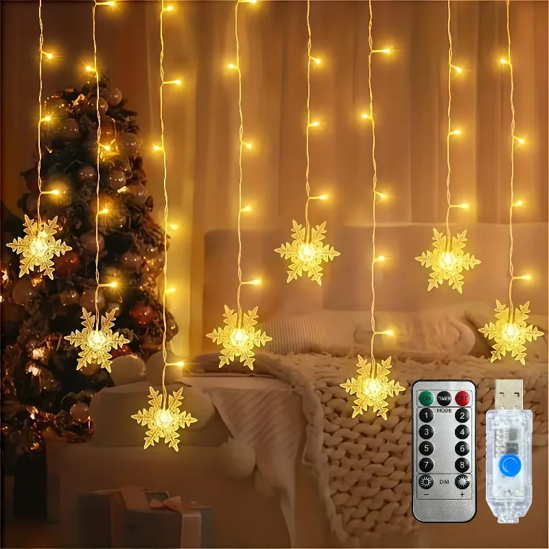 USB Snowflake Curtain Style String Lights Remote Control 8 Modes Warm White Colorful LED Lights for Christmas Home Decor